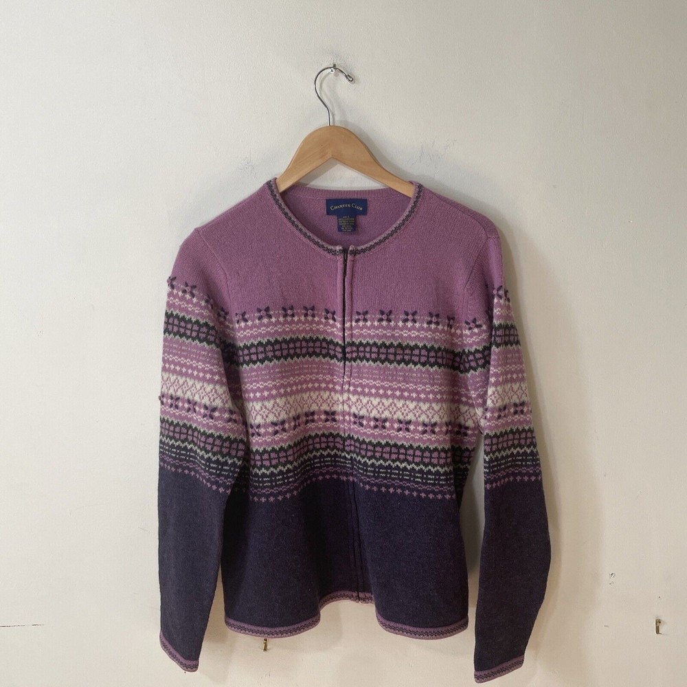 Vintage Women’s Purple Zip Cardigan Lambswool Size Large Charter Club